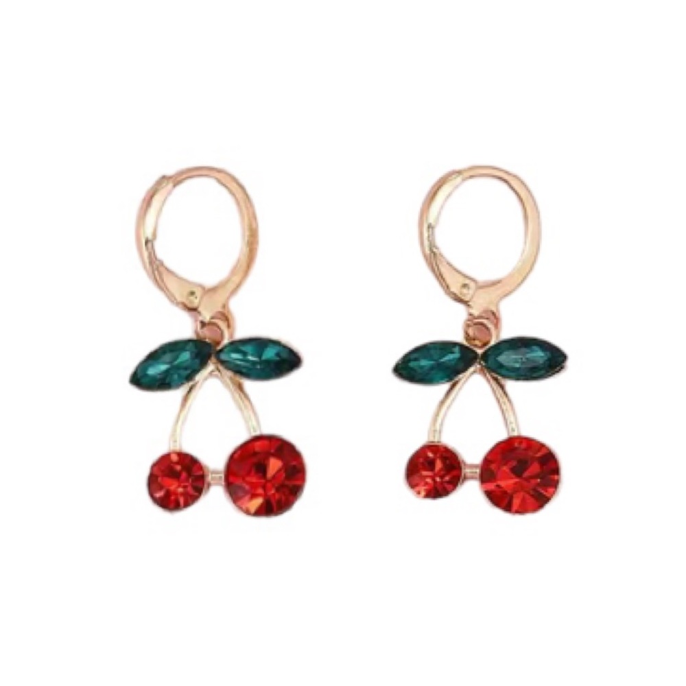 Bright Red Cherry Cherries Gold Toned Leverback Earrings